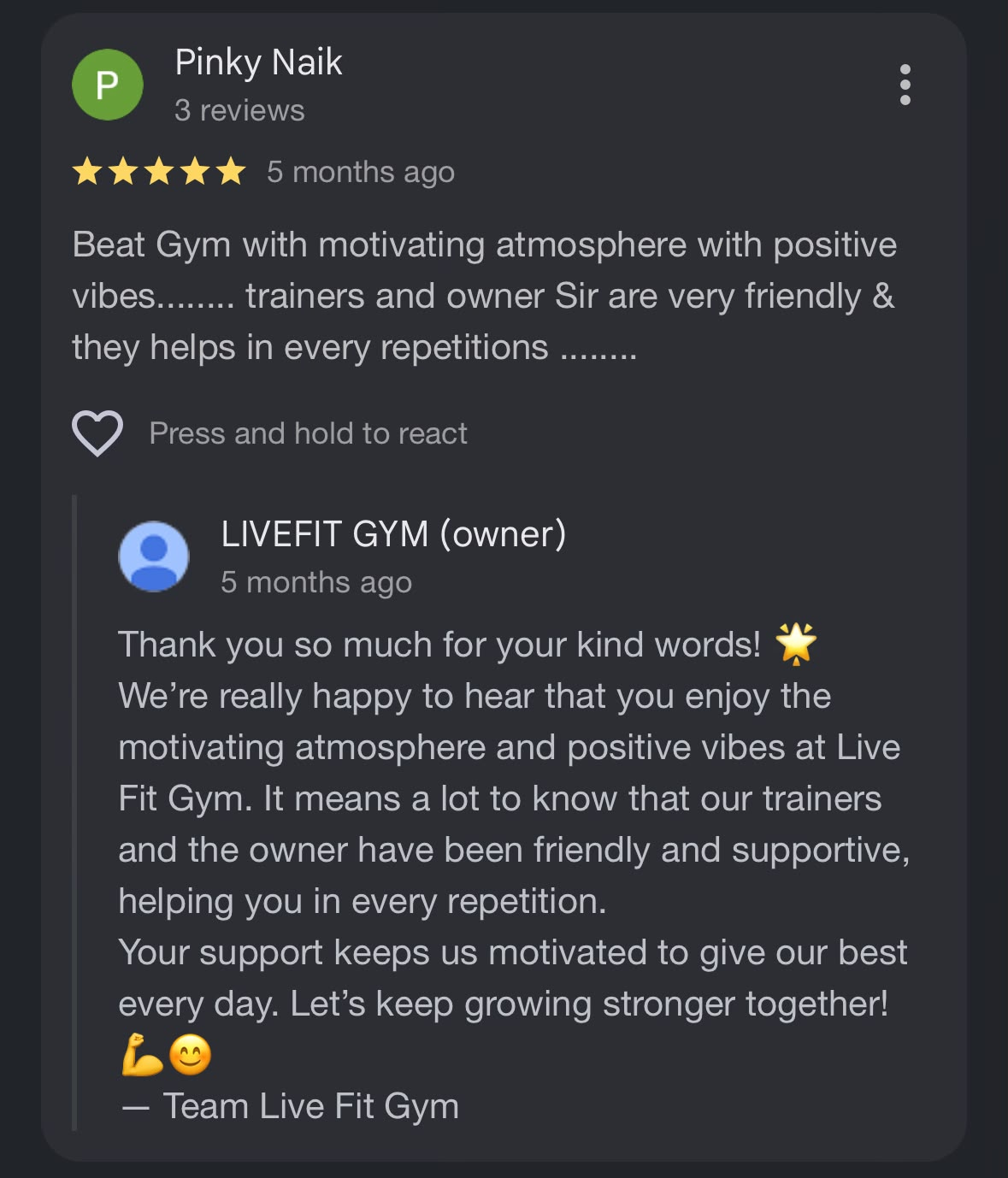 Google review from Livefit member
